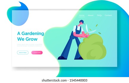 Landscaping, Greenery and Garden Maintenance Concept Website Landing Page. Happy Young Gardener Trimming Green Bush with Huge Scissors or Clippers. Web Page Banner. Cartoon Flat Vector Illustration