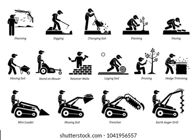 Landscaping And Horticulture. Icons Depict Landscaper And Gardener Working Activities In The Garden Lawn.