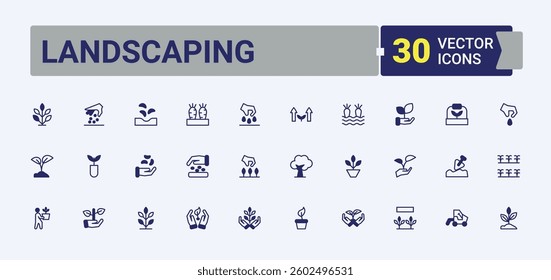 Landscaping icon. Includes symbols for gardening, nature, environment, eco, ecology and more. Planting linear icon collection. Outline icons pack. Editable vector outline and solid icons.