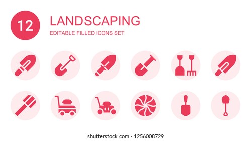 landscaping icon set. Collection of 12 filled landscaping icons included Shovel, Lawn mower, Mint