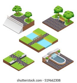 Landscaping isometric compositions with summer trees and beautiful decorations for garden or park with fountain lanterns bridge bench fence isolated on white background vector illustration