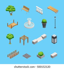 Landscaping isometric elements for garden and park design with plants trees and objects isolated on blue background vector illustration