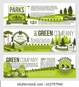 Landscaping and landscape architecture banner template set. City eco park, landscaping gardening and lawn care service company flyer with nature landscape of green tree, leaf, grass and text layouts