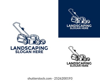 Landschaftsbild Logo Design Vektor, Rasenmäher und Service-Illustration Logo Vektor Vorlage