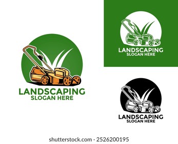 Landscaping logo design vector, Lawn mower and service illustration logo vector template