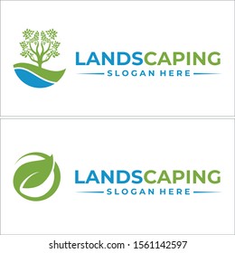 Landscaping Logo With Tree Leaf Wave Water Green Blue Vector Suitable For Farm Agriculture Business Company Nature