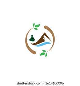 landscaping logo vector with mountain tree leaf green element