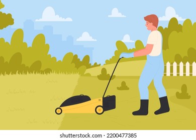 Landscaping Maintenance Service Vector Illustration. Cartoon Man Walking With Lawnmower To Cut And Care Grass Of Lawn, Summer Garden Or Backyard, Professional Mowing With Electric Equipment Background