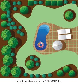 Landscaping with patio and pool. EPS 8 vector, grouped for easy editing. No open shapes or paths.