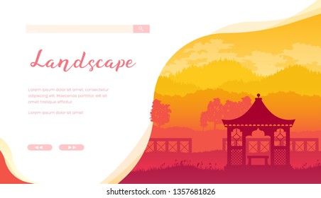 Landscaping service vector landing page template. Wedding celebration places web banner layout design. Garden furniture in oriental style minimalistic illustration. Gazebo in backyard silhouette