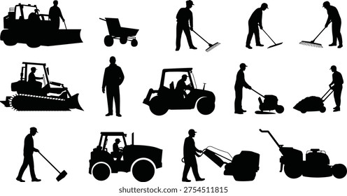 Landscaping worker silhouettes with tractor, rake, shovel and lawn mower, gardening maintenance team, outdoor yard work equipment, isolated vector illustration set