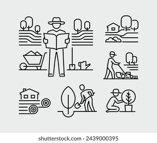 Iconos de línea vectorial de paisajismo