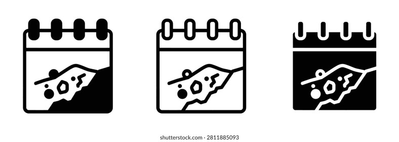 Landslide awareness calendar vector icon set. Natural disaster schedule, rockfall warning date, mountain soil erosion reminder, mudslide catastrophe risk planning symbol. Flat vector illustration.