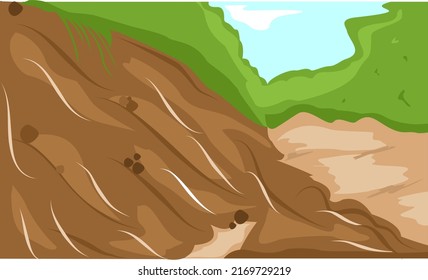 Landslide hills in the forest. Soil and rocks fell down. Natural situation of landslide disaster