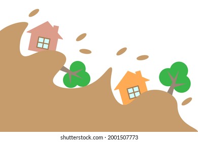 Landslide. Houses and trees are swept away by the landslide. Vector illustration.