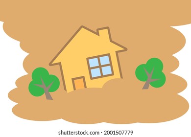 Landslide. Houses and trees are swept away by the landslide. Vector illustration.