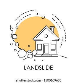 Landslide Isolated Icon, Stones Fall From Rock On House, Natural Disaster Vector. Ecological And Environmental Problem, Real Estate Damage, Life Threat. Collapse Of Mountain On Building, Rockfall