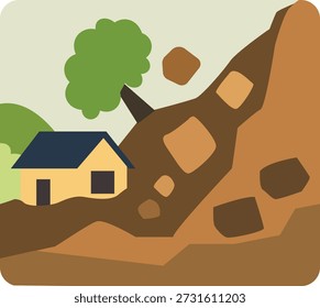 Landslide natural disaster flat vector illustration with falling rocks and mud burying a house on a hillside.