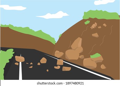 Desastre natural de deslizamientos en la autopista que causa que la carretera esté cubierta de rocas y deslizamientos de tierra