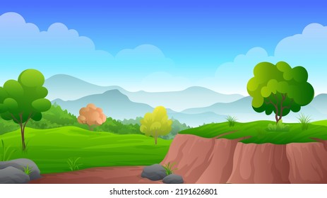 Landslide on the hill, with some rock, green grass, trees and mountain under the blue sky