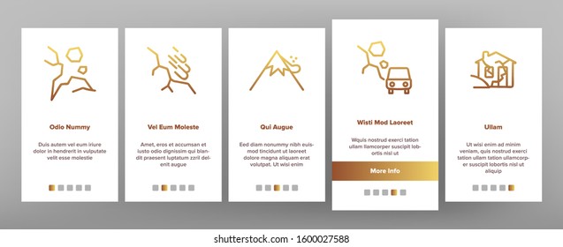 Landslide Onboarding Mobile App Page Screen Vector. Snowy And Stone Landslide From Mountain, Road Mark And Ruined House Illustrations