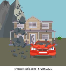 Landslide realistic natural disaster vector illustration. Cottage house and red car destroyed by the folling stones. Landslip caused by ground movements