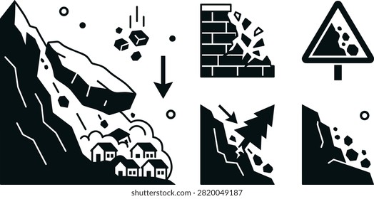 Landslide and Rockfall Natural Disaster Vector Icon Set Featuring Mountain Mudslide Destroying Houses, Collapsing Brick Wall, Falling Trees, and Warning Sign Graphics.eps