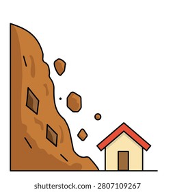 Landslide rockslide icon with falling rocks and house in colored flat style