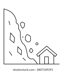 Landslide rockslide icon with falling rocks and house in line art style