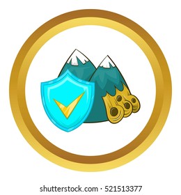 Landslide and sky blue shield with tick vector icon in golden circle, cartoon style isolated on white background