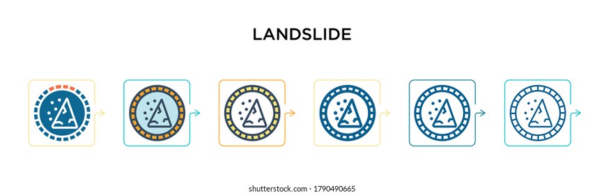 Landslide vector icon in 6 different modern styles. Black, two colored landslide icons designed in filled, outline, line and stroke style. Vector illustration can be used for web, mobile, ui