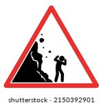 landslide warning sign, man got hit by falling rocks, danger icon, red triangle, isolated flat vector