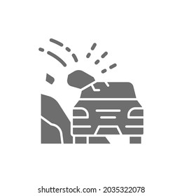Landslides, accident on highway, stones collapsed on car grey icon.