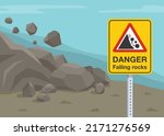 Landslides and rockfalls on the road in the mountains. Close-up view of a"Falling rocks" warning sign. Flat vector illustration template.