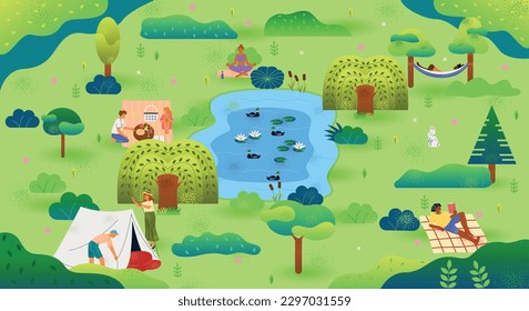 Landspace with people. Park with pond, flowers, trees and characters. Women and men set up camping tent, having picnic and relax outdoors or nature. Sunny summer day. Cartoon flat vector illustration