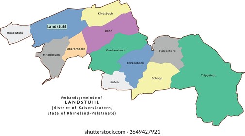Mapa de Landstuhl verbandsgemeinde do distrito de Kaiserslautern na Renânia-Palatinado (Renânia-Palatinado), Alemanha. Vetorizado. Cores retroativas