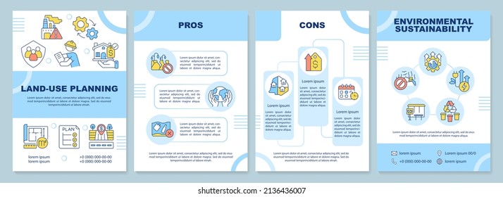 Land-use planning blue brochure template. Environmental sustainability. Leaflet design with linear icons. 4 vector layouts for presentation, annual reports. Arial-Black, Myriad Pro-Regular fonts used