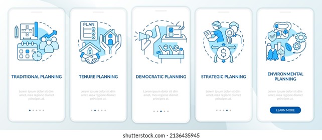 Land-use planning schemes blue onboarding mobile app screen. Walkthrough 5 steps graphic instructions pages with linear concepts. UI, UX, GUI template. Myriad Pro-Bold, Regular fonts used