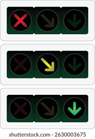 Lane Direction Signals with Arrow and Cross Symbols for Traffic Control and Stop Signs. Highway, expressway traffic light symbols round straight ahead sign
