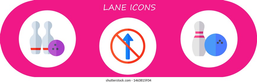 lane icon set. 3 flat lane icons.  Collection Of - bowling, no straight