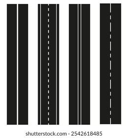 Linhas de faixa. Divisores vetoriais. Ilustração de marcações de estrada. Estilo tracejado e sólido.