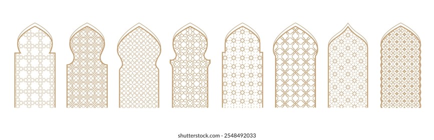 Lanear Islamic arch frame with arabic ornament. Ramadan gate geometric background. Vector set of  oriental elements