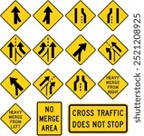 Lanes and Merge Traffic Signs: Right and Left Merges, Lane Ends, Added Lanes, Heavy Merge, and No Merge Area Plaques. Road signs in the United States.