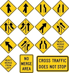 Lanes and Merge Traffic Signs: Right and Left Merges, Lane Ends, Added Lanes, Heavy Merge, and No Merge Area Plaques. Road signs in the United States.