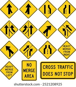 Lanes and Merge Traffic Signs: Right and Left Merges, Lane Ends, Added Lanes, Heavy Merge, and No Merge Area Plaques. Road signs in the United States.