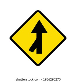 Lanes merging left sign on yellow background.