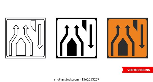 Lanes Rejoin At Crossover Roadworks Sign Icon Of 3 Types: Color, Black And White, Outline. Isolated Vector Sign Symbol.