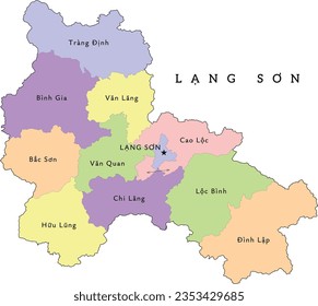 Lang Son (Lạng Sơn) province of Vietnam administrative divisions map. Clored. Vectored. Bright colors