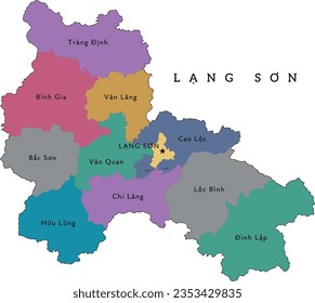 Lang Son (Lạng Sơn) province of Vietnam administrative divisions map. Clored. Vectored. Cream colors