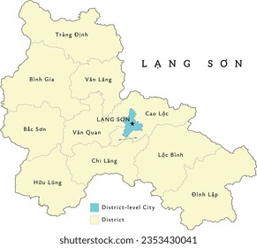 Lang Son (Lạng Sơn) province of Vietnam administrative divisions map. Clored. Vectored. Types of districts